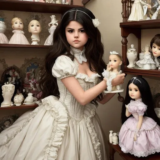 Prompt: Selena Gomez being turned into a porcelain doll wearing victorian dress, on a doll shelf. 
