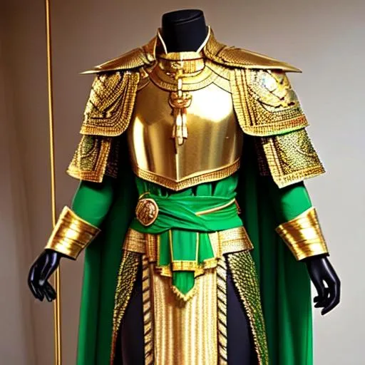 Prompt: green and gold ancient egyptian/medieval arabian scale/chainmail male armor with long green and gold robes with small gold embroidery and with a gold and green sash going over the right shoulder, on a armor stand.