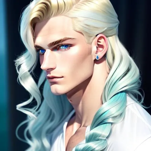 Prompt: Mermaid man, Piercing, Ice-blue eyes, a sharp jawline. His hair was blond, long and wavy in the back with shorter, more uniformed curls in the front. He had a youthful face with slightly feminine features. He looked a lot like something from a storybook, like or a renaissance painting. ittle, sharp, white fangs poked out between his shiny lips as he smiled.