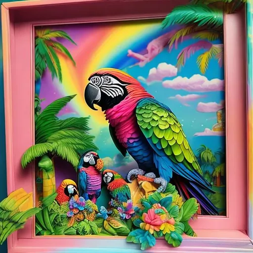 Prompt: Lisa frank style of parrot diorama 