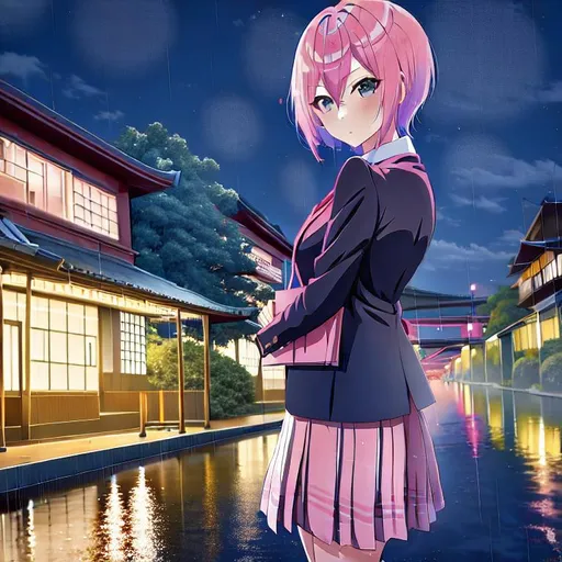 Prompt: Girl with pink hair , night, anime, city, train, landscape photography, rain, blue, rill, thai girl, spirit away, short hair  , school uniform, water colors style 