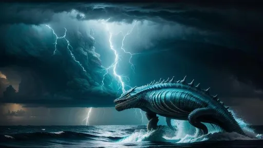 Prompt: Insanely Detailed Giant Sea Creature Monster, Rising from the Ocean, bokeh, Greg Rutkowski, WLOP, dynamic lighting, Eldritch, Neuron Storm, Deep Colors, Thunderstorm, Tornadic, H.R. Giger, Matt Frank, cool colors, precisionism, Intricate Details, Photorealism, ethereal, iridescent, heat wave