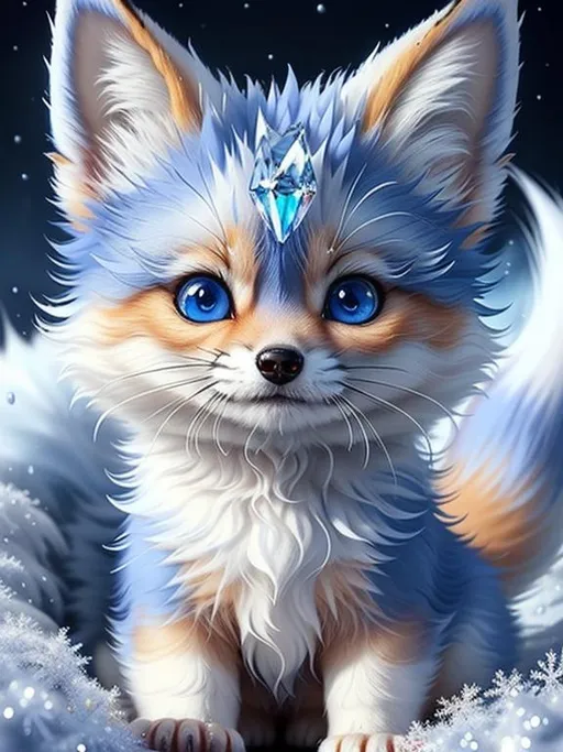 Prompt: (masterpiece, professional oil painting, epic digital art, best quality:1.5), insanely beautiful tiny ((fox kit)), (canine quadruped), ice elemental, silky silver-blue fur covered in frost, timid, ((insanely detailed alert crystal blue eyes, sharp focus eyes)), gorgeous 8k eyes, fluffy silver neck ruff covered in frost, two tails, (plump), fluffy chest, enchanted, magical, finely detailed fur, hyper detailed fur, (soft silky insanely detailed fur), presenting magical jewel, moonlight beaming through clouds, lying in frosted meadow, grassy field covered in frost, cool colors, professional, symmetric, golden ratio, unreal engine, depth, volumetric lighting, rich oil medium, (brilliant auroras), (ice storm), full body focus, beautifully detailed background, cinematic, 64K, UHD, intricate detail, high quality, high detail, masterpiece, intricate facial detail, high quality, detailed face, intricate quality, intricate eye detail, highly detailed, high resolution scan, intricate detailed, highly detailed face, very detailed, high resolution