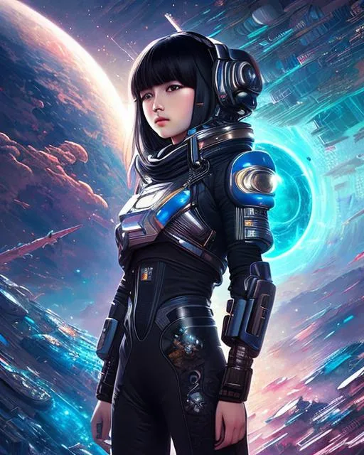Prompt: a girl wearing a futuristic outfit with space scenery, in the style of [denis sarazhin], neo-traditional japanese, realistic hyper-detailed portraits, [android jones], earthcore, [yuume], symmetrical 