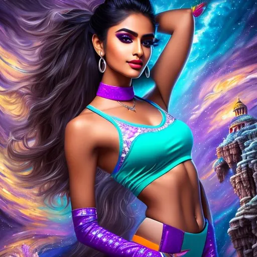 Prompt: (8k, 3D, UHD, highly detailed, hyper-detailed, masterpiece, detailed oil painting) 23 years old Indian girl with six-pack abs wearing a crop top, colors of aqua and purple, stylish makeup, soft light, with pointy ears, 