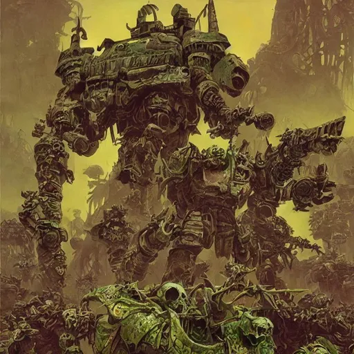 Prompt: Death Guard (Warhammer 40k) at the style of Roger Dean.