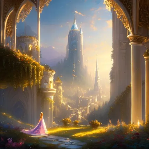 Prompt: A beautiful princess in a long white dress, laying on the ground, a distant Rapunzel tower with a long golden braid, style of Alayna Lemmer