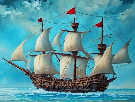 Prompt: Change this painting to a pirate sailing ship. Keep same style as the painting. Remove unclear parts. 