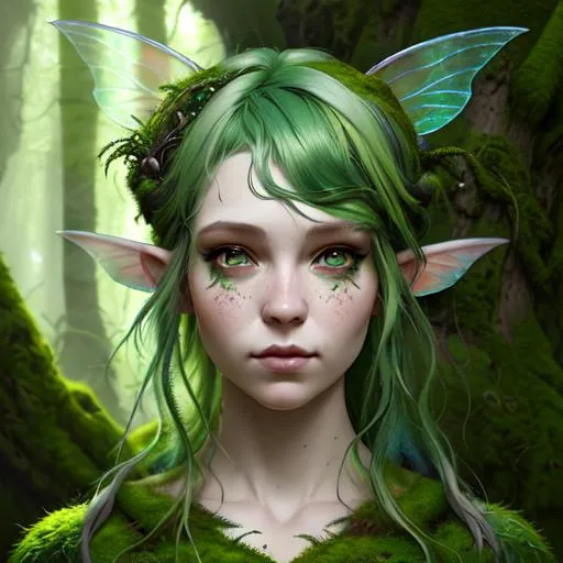 Prompt: Portrait of a faerie with moss green hair and with cute face, forest vibes, perfect composition, hyperrealistic, super detailed, 8k, high quality, trending art, trending on artstation, sharp focus, studio photo, intricate details, highly detailed, by greg rutkowski
