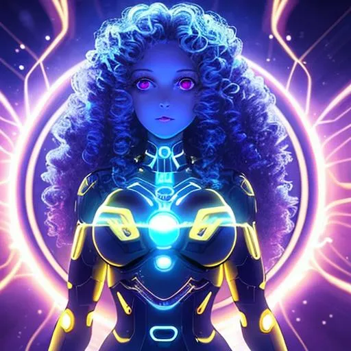 Prompt: AI girl that lives in computer world. Her body is made of energy and particles of light. Her skin is golden with flowers. Her hair is colourful, curly. She has big, glowing, golden eyes.  Her body is thick, busty. She has no clothes 