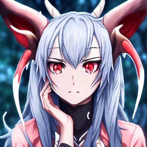 pointy ears, red eyes, blue skin, antlers, anime, pr