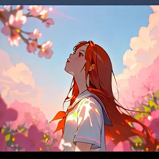 Prompt: (masterpiece, best quality),1girl, solo, flower, long hair, outdoors, letterboxed, school uniform, day, sky, looking up, short sleeves, parted lips, shirt, cloud, orange hair, sunlight, white shirt, serafuku, upper body, from side, pink flower, blurry, brown hair, blue sky, depth of field