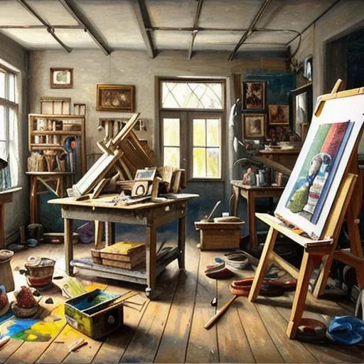 Prompt: A painting of a painter's workshop with paints and brushes laying all around