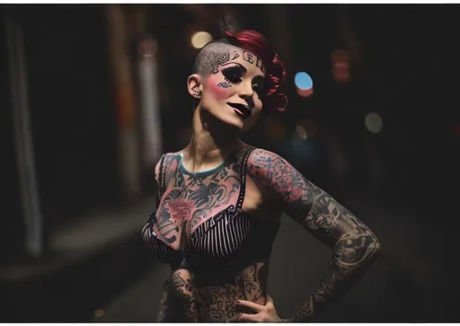 Prompt: Tattooed burlesque dancer in the street