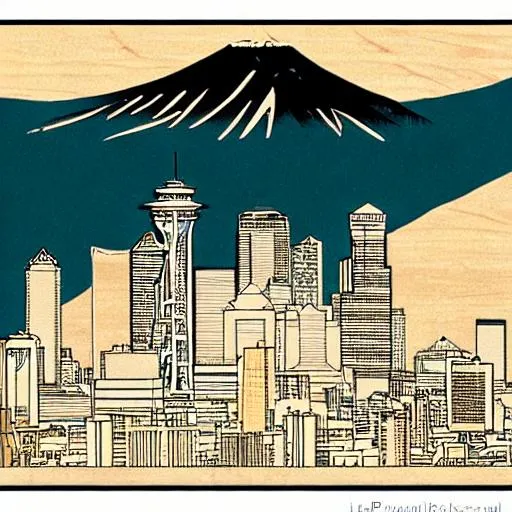 the city of seattle in the style of japanese woodblo...