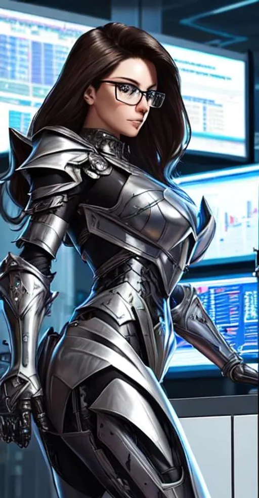 Prompt: A  beautiful brunette woman with glasses, wearing futuristic metal armor and high-face details. Several computers screens with stock market in the back. The image should convey a sense of realism, with attention to detail, including the textures of the metal armors, the reflection of light on their skin and hair, and the way the computer server room in the background blends with the characters. The image should be a full-body shot, so that both characters are visible from head to toe, with high-face details clearly visible. The image should be rendered in 8K resolution, using Unreal engine 5 for a high level of realism.