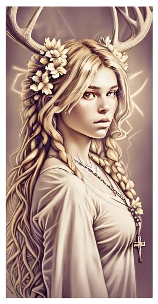 Prompt: Blond hair antlers flowers in her hair holding a rosary with a crucifix pendant