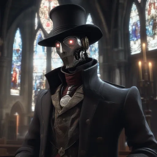 Prompt: dnd character, high detailed of a robot warforged face, fantasy revolver in hand, with coat and tophat, religious iconography, style of Bloodborne, dark colours, surrounded by shadows in face, in a church, stain glass windows, award-winning cgi, blender, headshot, shadow in face.