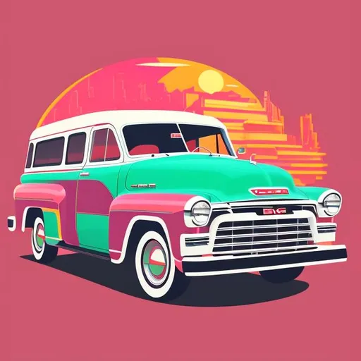 Prompt: graphic design t-shirt, flat design , old GMC suburban 1952 car, Miami street, colorful hues, highly detailed clean, vector image, photorealistic masterpiece, professional photography, realistic car, simple sunrise background for the car, flat black background, isometric, bright vector((black background))