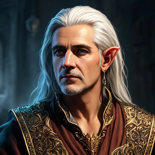 Prompt: UHD, 8k, high quality, ultra quality, cinematic lighting, special effects, hyper realism, hyper realistic, Very detailed, high detailed face, high detailed eyes, dark eyes, perfect hands, perfect fingers, medieval, fantasy, D&D, oil painting, portrait, male elf, middle age, white hair, long hair, necromancer, robes