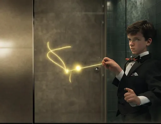 Prompt: 13 year old boy in a tuxedo casting a crazy magic spell from the outside of a bathroom stall with his magic wand, but the spell he cast happens on the inside of the bathroom stall because he cast the spell on the inside 