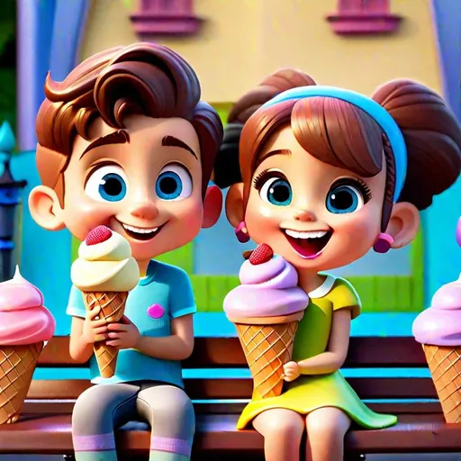 Prompt:  An adorable chibi brother and sister duo, captured in an enchanting Pixar 3D style, delighting in their ice cream treats. Inspired by the imaginative works of animator Maya Hartman, the scene showcases the siblings seated on a whimsical park bench, their eyes filled with excitement and their smiles infectious. The ice cream cones are meticulously crafted, featuring realistic textures and mouthwatering colors. The color temperature is bright and cheerful, enhancing the joyful atmosphere. Illuminated by soft, playful lighting, the scene radiates warmth and happiness