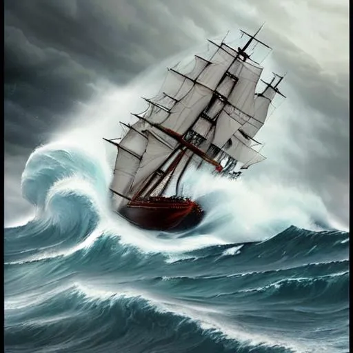 A tall sailing ship lost in a violent storm huge wav... | OpenArt