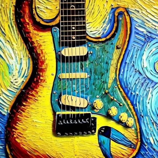 Prompt: Van Gogh style guitar painting 
