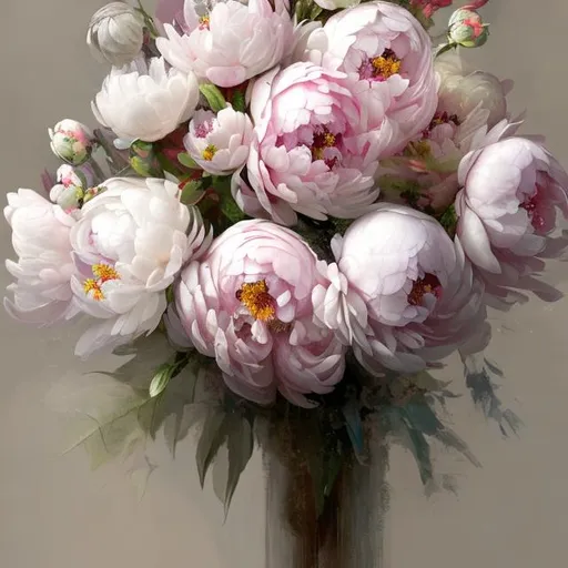 Prompt: PAEONIA ALERTIE  Robert Lemay style  11 flowers bouquet ligthener white  pink   vintage  art realystic Leonardo  style oil painted  semigloss dark  background   unzoomed