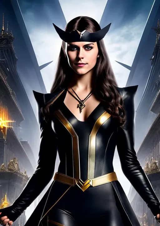 Prompt: High-resolution hyperrealistic photo of x-man shadowcat kate pryde merged with x-man magik ilyana rasputin, black and silver and gold costume, uhd, hdr, 64k