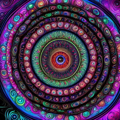 Prompt: "A psychedelic, surreal and intense image of a one big eye, with intricate patterns and swirls of color. The eye is not just an eye but rather a portal to another dimension, with a bizarre and otherworldly atmosphere. The eye is surrounded by intricate and surreal patterns that make it look as though it is a part of the world. The eye is not just a normal eye but rather an eye that represents knowledge, wisdom, and insight. It is a symbol of power and inner knowledge, and the patterns surrounding the eye make it look as though the eye is connected to the world around it."