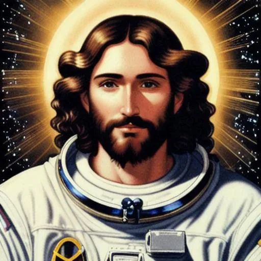 Prompt: Jesus with halo speaks to astronauts