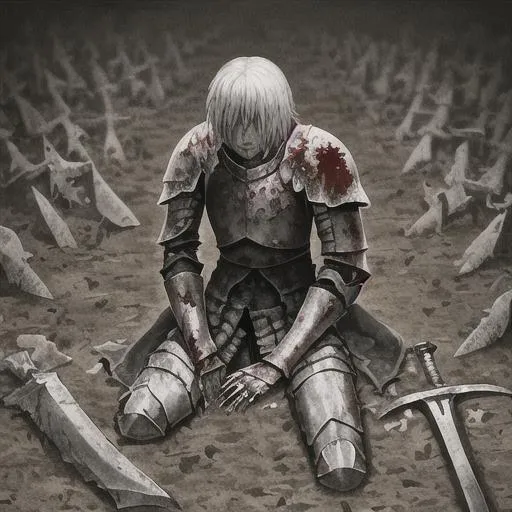 Prompt: Bloodied dying Knight armor on knees surrounded by the dead. stabbed with broken sword