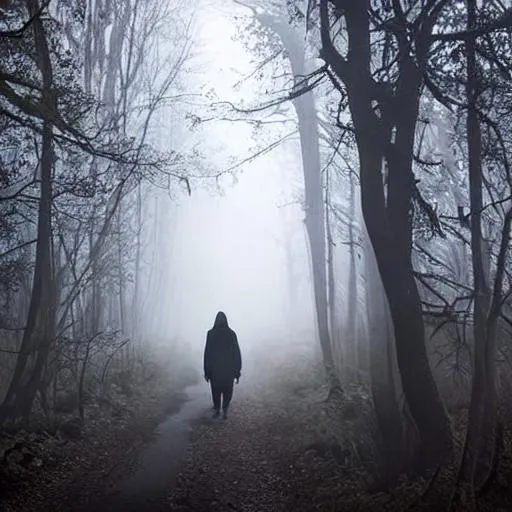 Prompt: Shadowy Figure walking through a dark misty forest while reading a demonic book