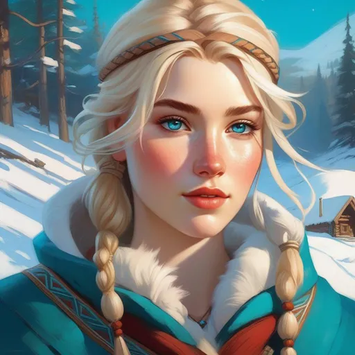 Prompt: Third person, gameplay, ancient Saami girl, pale skin, freckles, blonde hair, teal eyes, blue atmosphere, snow, cartoony style, extremely detailed painting by Greg Rutkowski and by Henry Justice Ford and by Steve Henderson 