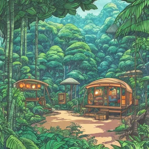 Prompt: A Ghibli style lush jungle campground