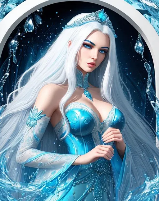 Prompt: A beautiful 15 ft tall 30 year old ((British)) Water elemental Queen with light skin and a beautiful face. She has long white hair  and white eyebrows. She wears a beautiful slim blue dress. She has brightly glowing blue eyes and water droplet shaped pupils. She wears a blue tiara on her head. She has a blue aura around her. She is using blue water magic in battle against a giant monster at the beach. Epic battle scene. Full body art. {{{{high quality art}}}} ((goddess)). Illustration. Concept art. Symmetrical face. Digital. Perfectly drawn. A cool background.