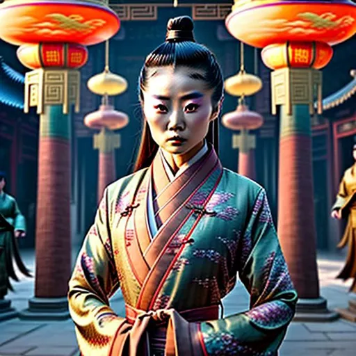 Prompt: A captivating image emerges - an Asian woman donning a unique fusion of Eastern and Western attire. Her necktie adds a touch of formality, while her overcoat robe resembles a traditional Hanfu. She radiates strength, resembling a modern-day terra cotta warrior. The scene is set amidst the backdrop of domed buildings, evoking a realistic and picturesque landscape. The photograph captures the essence of this intriguing blend, inviting viewers to delve deeper into the fusion of cultures.