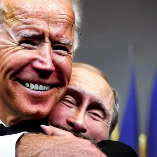 Prompt: Joe Biden hugging Vladimir Putin and smiling