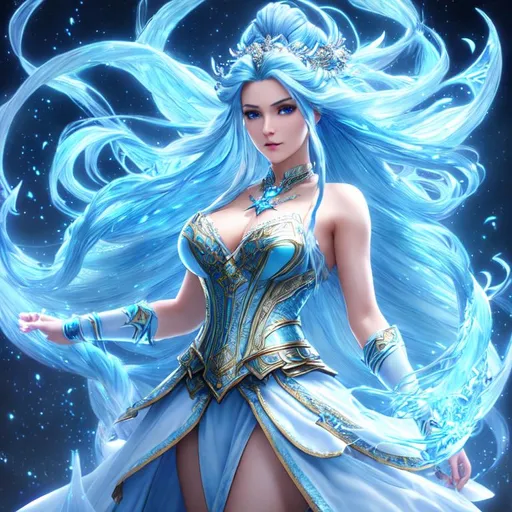 Prompt: oil painting, UHD, hd , 8k, , Very detailed, panned out view with whole character in from, a blue skinned, long hair that is braided into a single long braid frost giant female  sorceress character, Dancing beauty, magic light following her movements, HD, 3D rendered, Hair like water flowing, armored lace wedding dress, Fantasy character, sharp expressive facial features, magic music notes flying around,