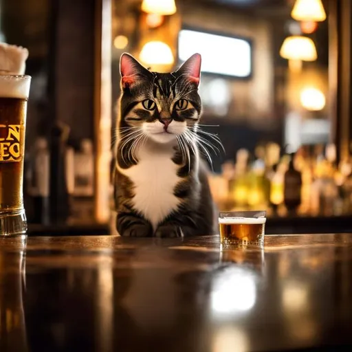 Prompt: A cat is in the bathroom of a bar holding a pint glass and looking into the mirror