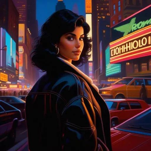 Prompt: Third person, gameplay, Italian-American girl, olive skin, black hair, brown eyes, 1980s, Times Square at night, neon, warm atmosphere, cartoony style, extremely detailed painting by Greg Rutkowski and by Henry Justice Ford and by Steve Henderson 

