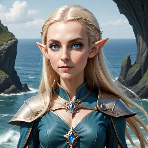 Prompt: A female high-elf standing Tall, platine Blond hair, ocean Blue eyes