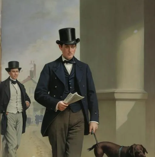 Prompt: A banker in a top hat, holding a newspaper, village street, circa 1850, highly detailed illustration, sharp focus, soft light, beautiful skin, wrinkles, hunting dogs, photorealism, f-4.0, 40mm, James Gurney, Adolph Menzel, Norman Rockwell, dramatic, graceful