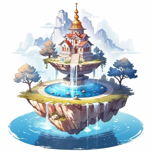 Prompt: floating island with a russian temple. suspended above a geyser adorned with natural crystals, anime, illustrative style
