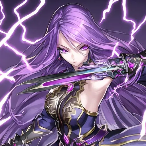 Prompt: Beautiful female, detailed eyes, has a sword emanating lightning, a young anime woman with long purple hair