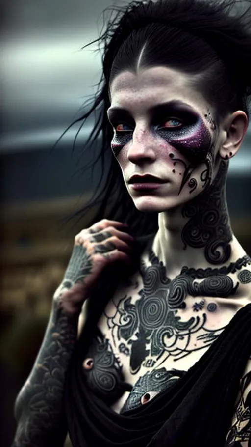 Prompt: Enigmatic, tattooed, beatutiful Lilith, wearing a worn black dress, at the paramo, hyperrealistic, hyperdetailed, 16K, close-up, perfect composition, ambient light, textured skin, by Floria Sigismondi.