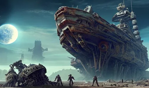 Prompt: wreck broken ancient huge old rusty spaceship astronauts discovering it skeletons laying all-over robots fixing ship graveyard 