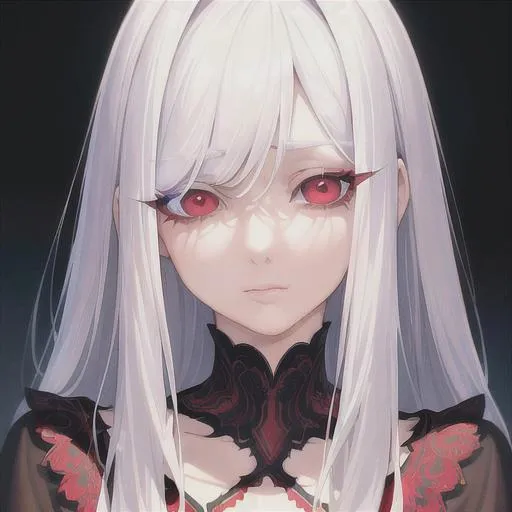 Prompt: (masterpiece, illustration, best quality:1.2), medium pure white hair, red eyes, wearing black nightgown, best quality face, best quality, best quality skin, best quality eyes, best quality lips, ultra-detailed eyes, ultra-detailed hair, ultra-detailed, illustration, colorful, soft glow, 1 girl, lonely expression