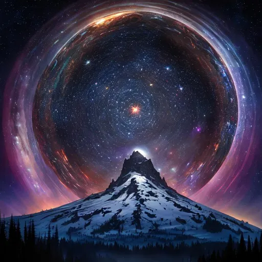 Prompt: An epic fantastic realism comic book style painting of the most beautiful spinning MOUNT HOOD OREGON, launched across the dark and starry night sky,  fisheye, unreal 5, DAZ, hyperrealistic, octane render, dynamic lighting